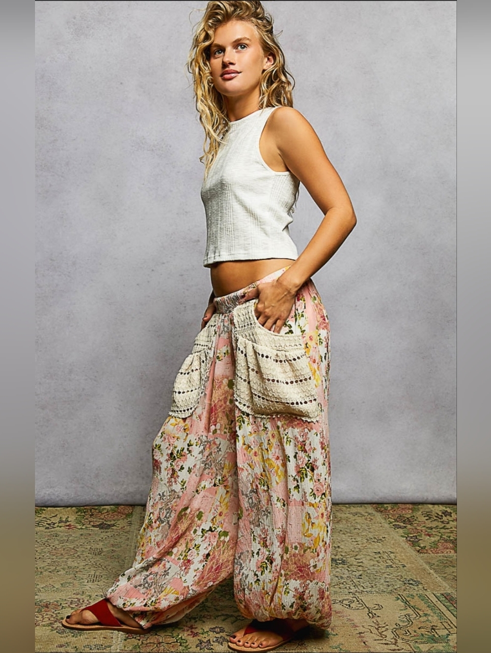 POL Floral Pink Patch-Pocket Boho Track Pants - Picture 2 of 5